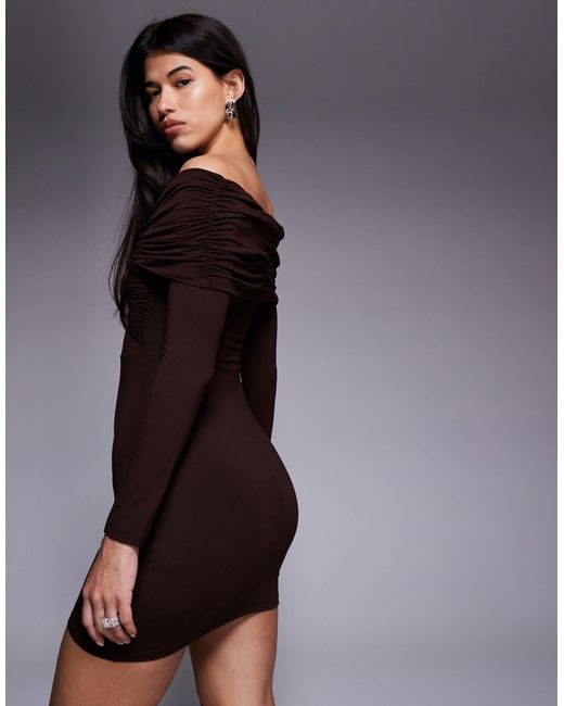 ASOS Brown Off Shoulder Twist Mini Dress With Long Sleeves