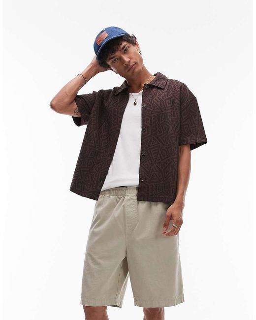 Topman Brown Relaxed Fit Button Through Jersey Shirt With Jacquard for men