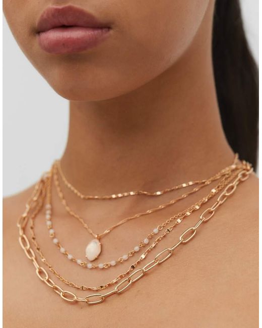 Stradivarius Brown Pack Of 5 Pink Stone Charm Necklaces