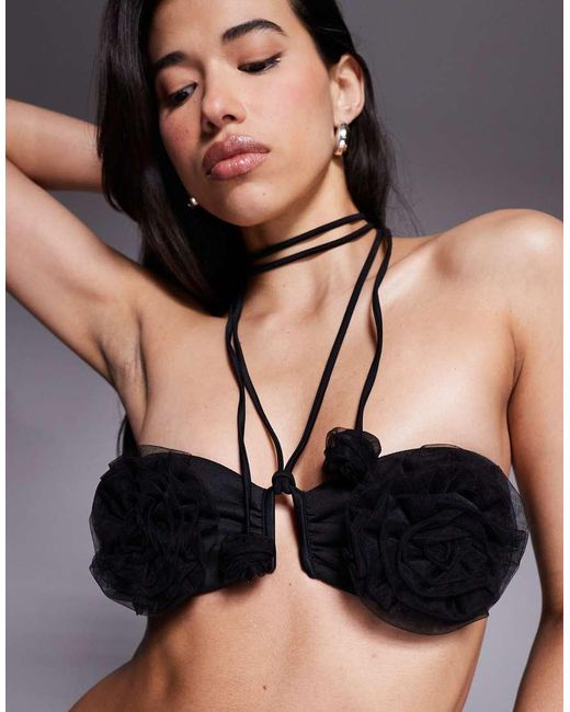 ASOS Black Sage Premium Halter Bandeau Bikini Top With U-Wire And 3D Flowers