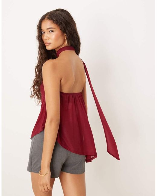 ASOS Asymmetrische Top Met Doorschijnend Sjaaldetail En Lange Pasvorm in het Red