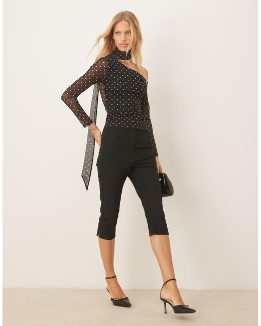 ASOS Black Polka Dot Mesh Long Sleeve Asymmetric Top With Scarf Detail