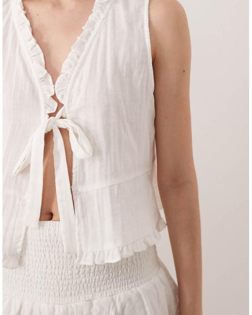 esmé studios White Esmee Tie Front Beach Crop Top With Ruffle Trim