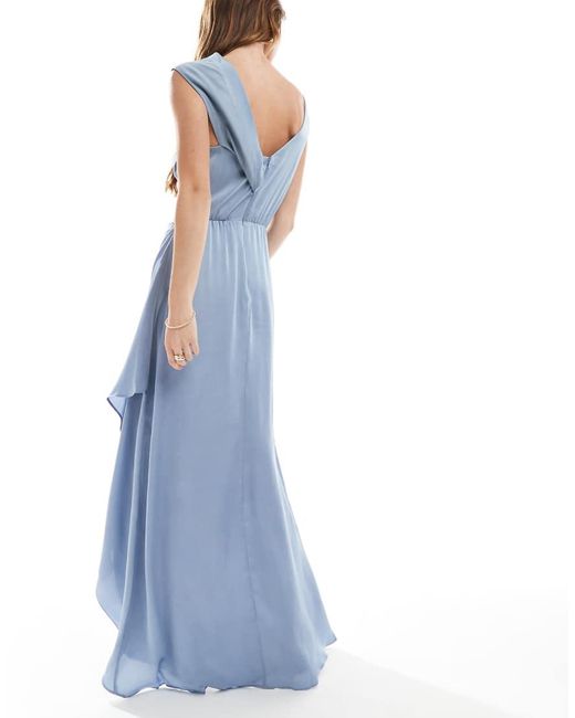 TFNC London Blue Bridesmaid Satin Fallen Shoulder Maxi Dress With Wrap Skirt