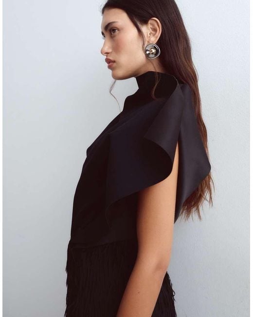 ARRANGE Black Asymmetric Neckline Hybrid Fringe Skirt Maxi Dress