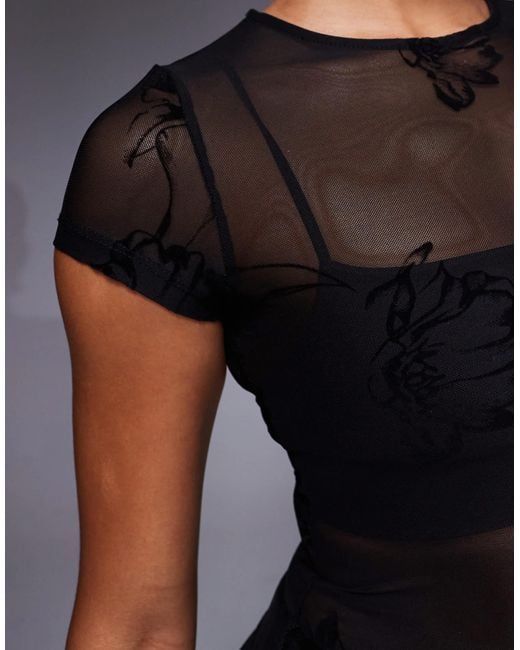 Princess Polly Black Eowyn Sheer Mesh Flower Detail Short Sleeve Top