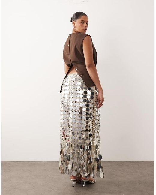 ARRANGE Brown Curve Futurist Sequin Fringe Hem Midi Skirt