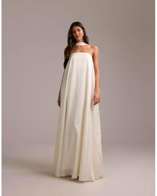 ASOS Natural Satin Bandeau Wedding Dress With Scarf