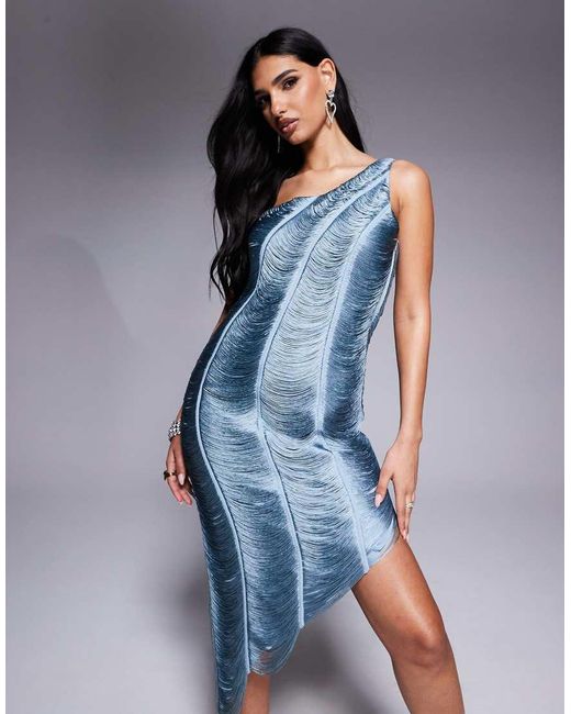 ASOS Blue One Shoulder Fringe Draped Mini Dress