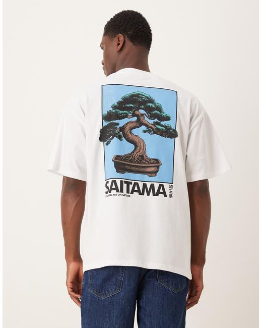 T-Shirt Oversize Bianca Con Stampa Di Bonsai Sul Retro di SELECTED in White da Uomo