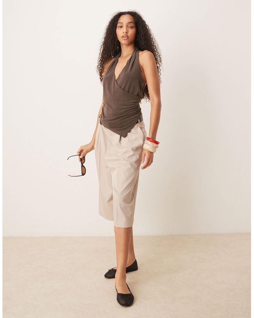 Mango Brown Asymmetric Halter Neck Top With Ruched Cinch Waist Detail