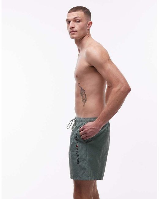 Tommy Hilfiger Green Textured Drawstring Zip Swim Shorts for men