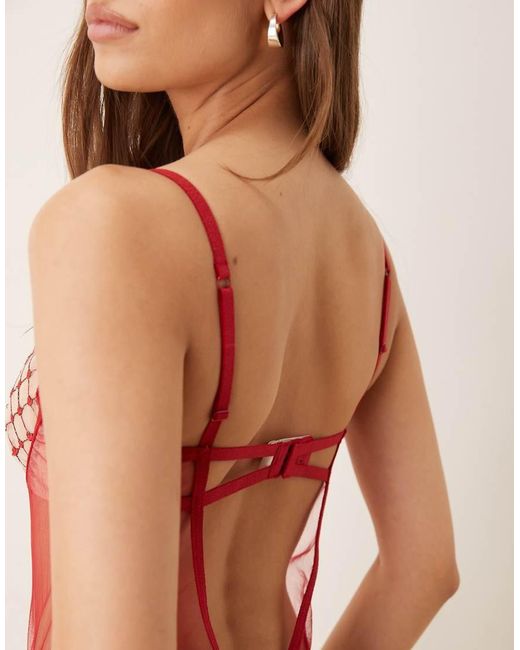 For Love & Lemons Red Scarlet Mesh Plunge Neck Cut Out Back Bodysuit