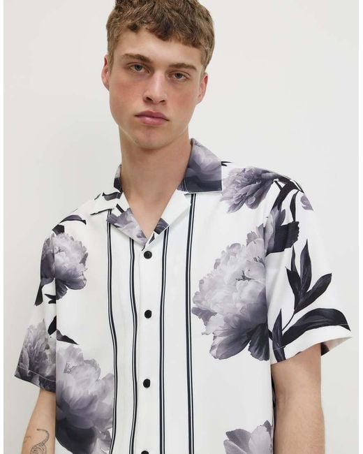 River Island White Short Sleeve Monochrome Floral Shirt for men