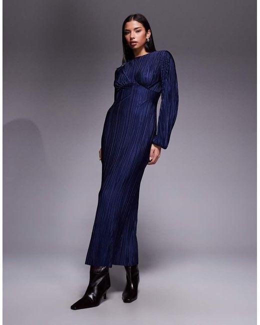 ASOS Blue Plisse Long Puff Sleeve Maxi Dress
