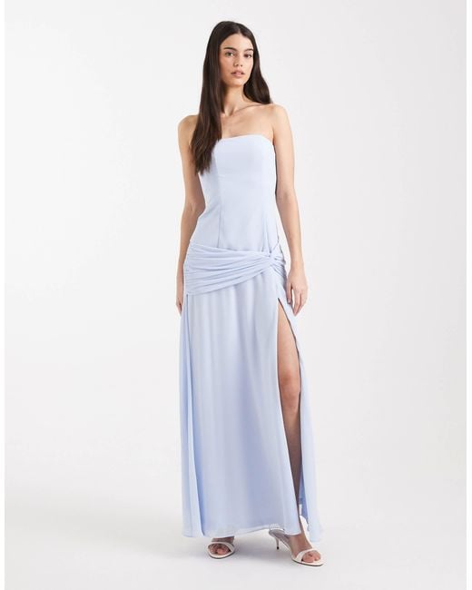 TFNC London Bridesmaid Chiffon Sleeveless Drop Waist Twist Detail Thigh Split Maxi Dress in Blue