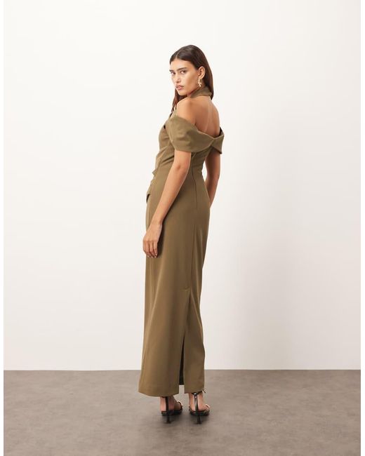 ARRANGE Natural Off Shoulder Halter Maxi Dress With Gold Hardware
