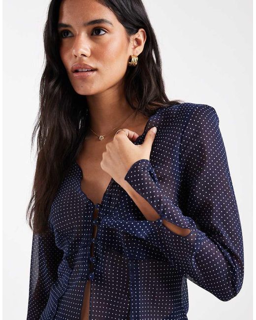 ASOS Chiffon Blouse Met Lange Mouwen En Geknoopte Voorkant in het Blue