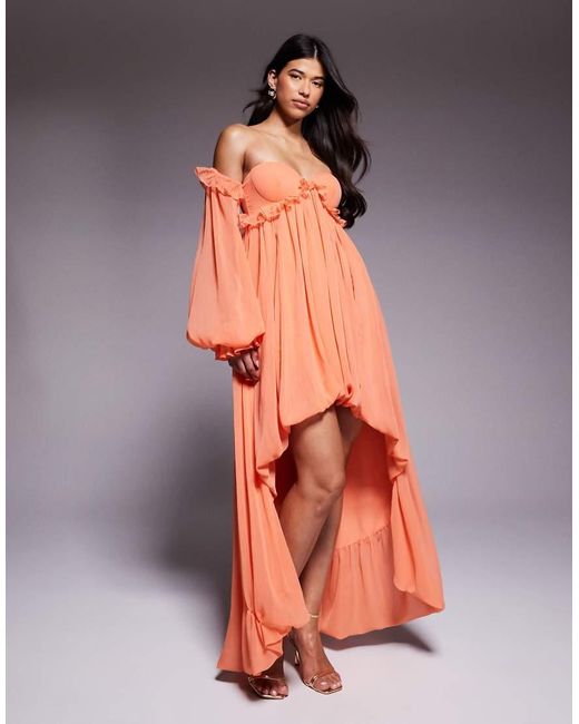 ASOS Orange Cupped Bardot Maxi Dress With Ruffle Detail