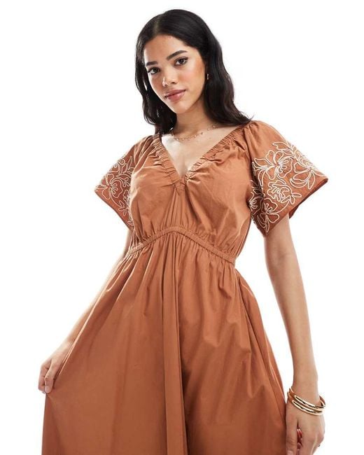 French Connection Brown Cambria Cotton Embroidered Midi Dress