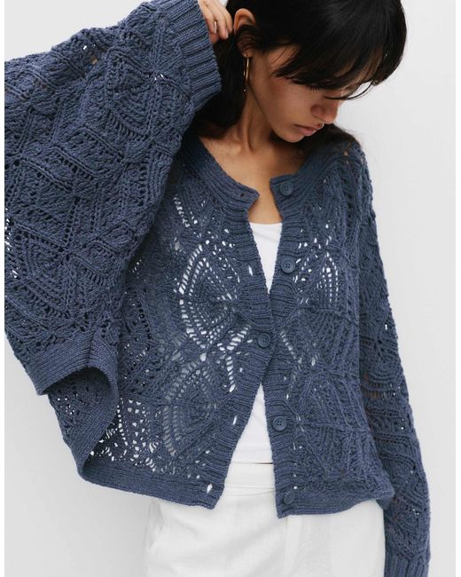 Pull&Bear Blue – strickjacke aus offenmaschigem material