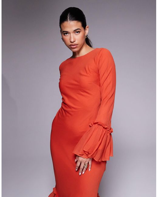 ASOS Red Tie Ruffle Long Sleeve Chiffon Maxi Dress