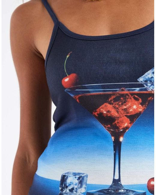 ASOS Blue Cocktail Print Contrast Binding Jersey Cami Top