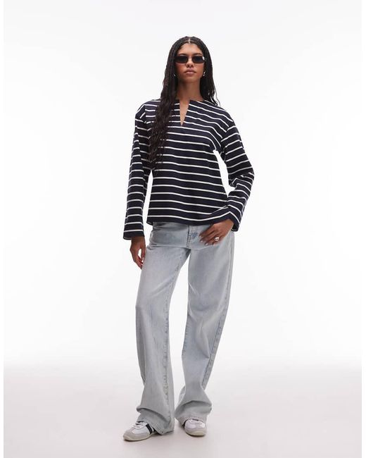 ARKET Oversized Jersey T-Shirt Met Lange Mouwen, Open V-Hals En Zijsplitten in het Blue