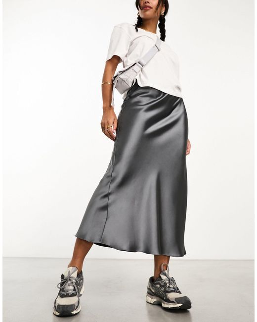 New Look Gray Satin Midi Skirt