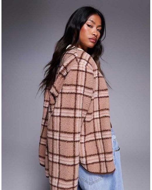 ASOS Multicolor Weekend Collective Borg Zip Through Fleece With Pink Check Design