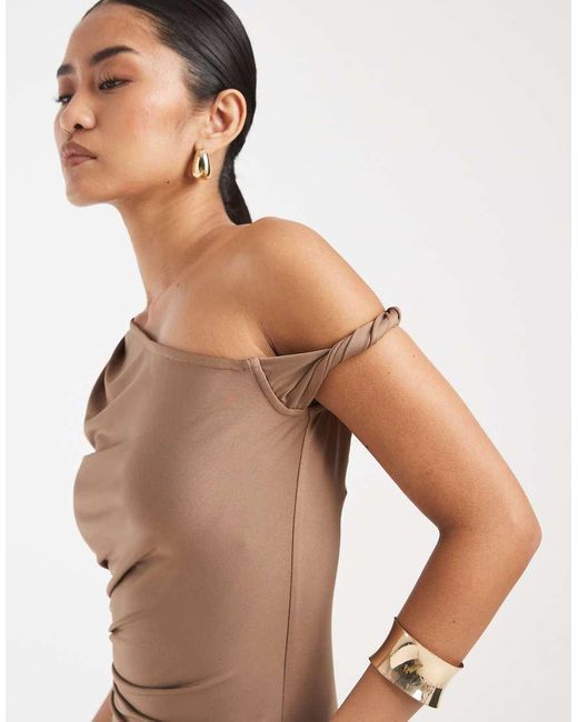 4th & Reckless White Slinky Ruched Side One Shoulder Twist Detail Maxi Dress