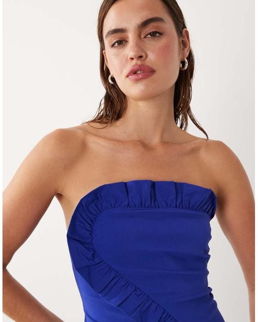 Mango Blue Starring Hailey Bieber Ruffle Detail Off Shoulder Mini Dres