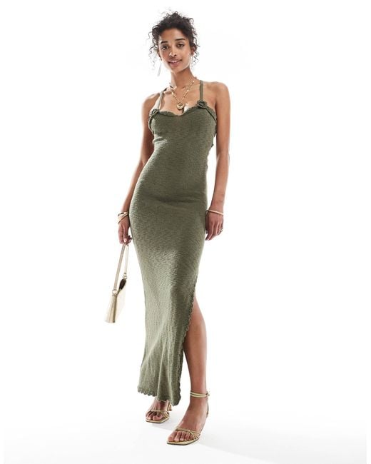 Bershka Flower Applique Knitted Maxi Dress in Green | Lyst