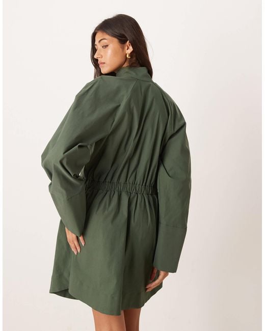 ASOS Green High Neck Shirt Mini Dress With Cinched Waist