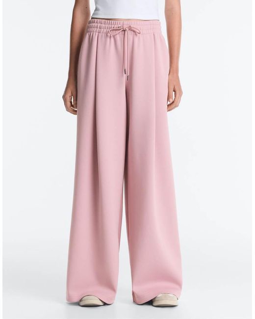 Oysho Pink Cotton Piqué Pleated Straight-Leg Trousers