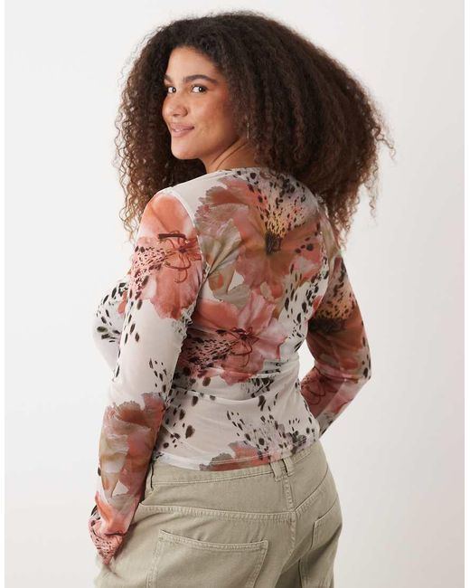 ASOS Brown Asos Design Curve Sheer Mesh Flare Long Sleeve Top