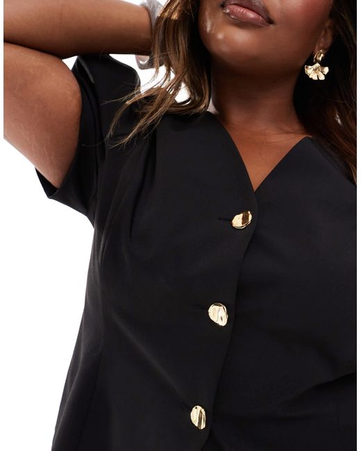 Curve - blazer moulé aux hanches avec manches courtes et bouffantes ASOS en coloris Black