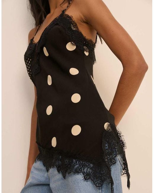 Nobody's Child Black Satin Lace Trim Asymmetric Cami Top