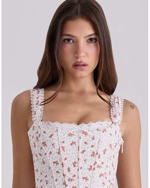 House Of Cb White Adina Rose Print Cotton Scallop Trim Corset Top