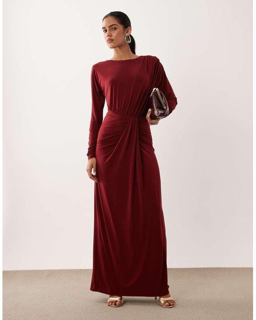 Forever New Red Slinky Long Sleeve Drape Detail Maxi Dress