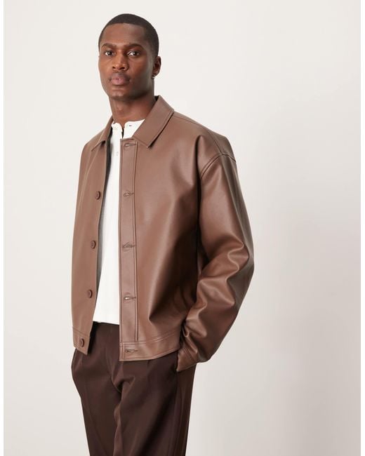ASOS Brown Faux Leather Harrington Jacket for men