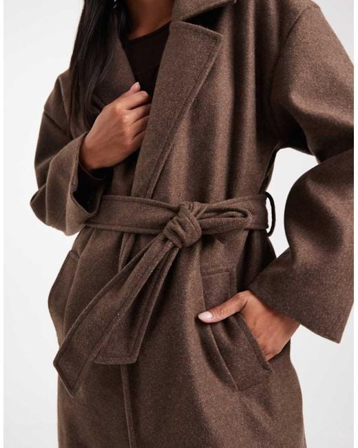 Brave Soul Brown Petite Faux Wool Longline Belted Overcoat