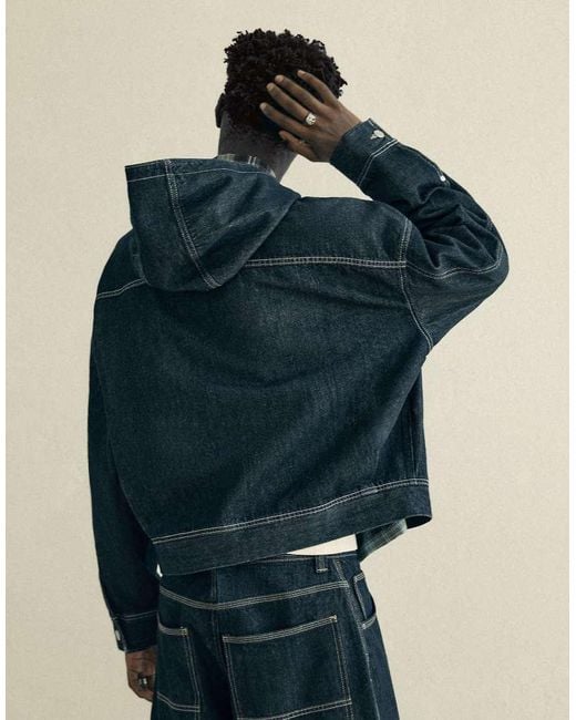 Bershka Blue Denim Jacket With Hood And Clasps for men