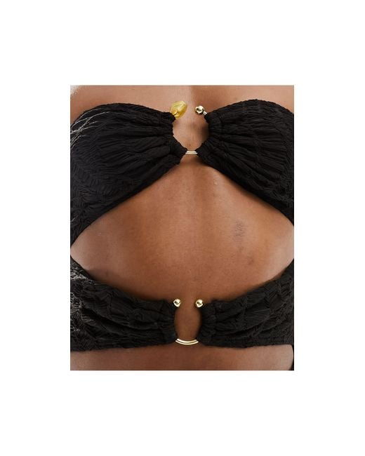 South Beach Black Textured Bandeau Ring Front Cut Out Swimsuit