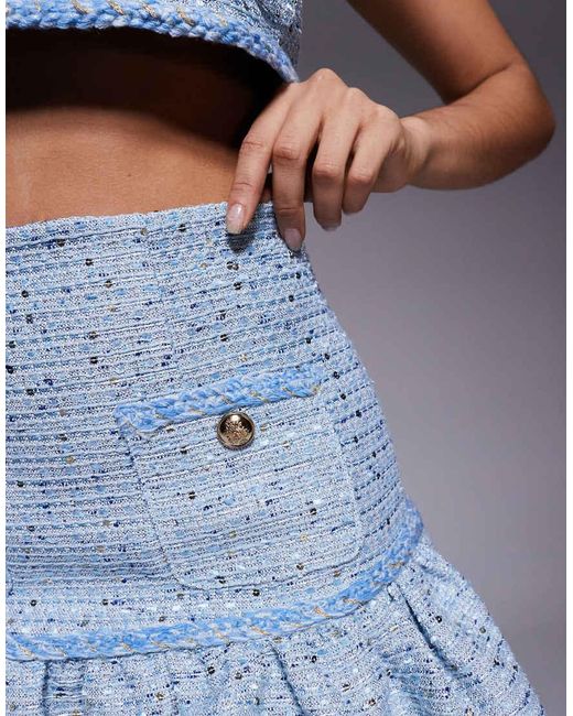 Bardot Blue Elina Boucle Tailored Peplum Hem Pocket Detail Mini Skirt Co-ord