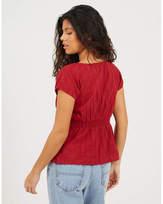 Brave Soul Red Woven Short Sleeve Button Down V-Neck Top