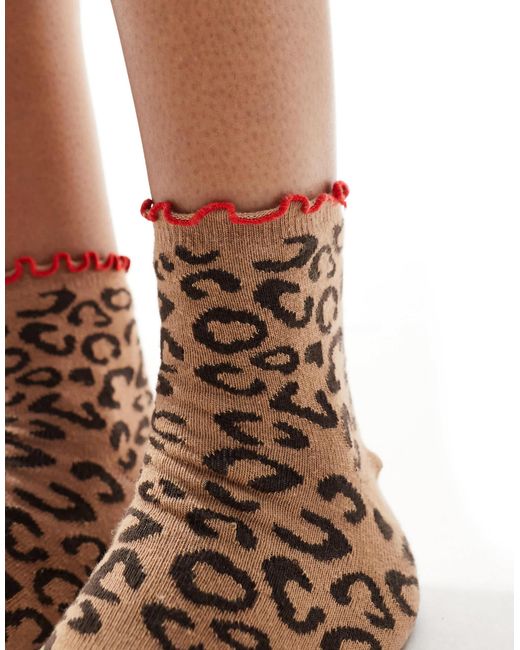 ASOS Brown Leopard Knit Frill Ankle Socks