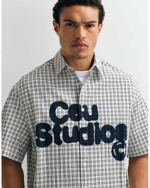 ASOS White Boxy Oversized Check Shirt With Chest Print for men