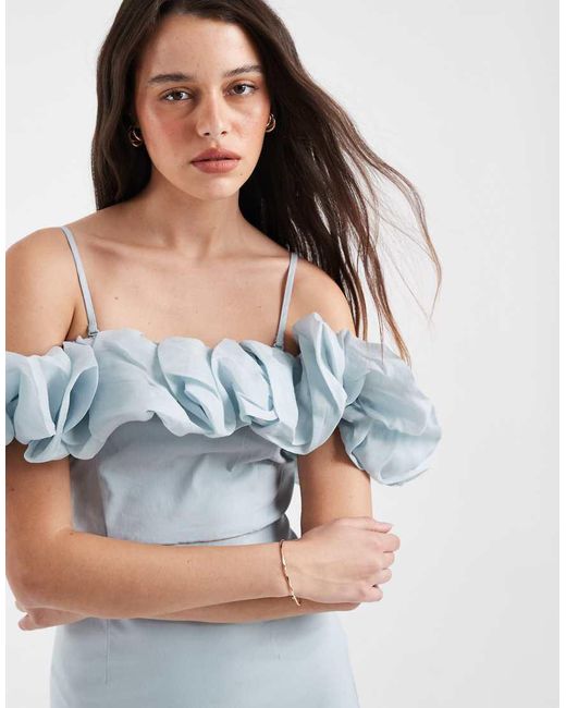 Object Blue Extreme Off The Shoulder Satin Ruffle Trim Maxi Dress