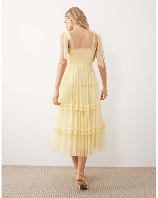 LACE & BEADS Natural Bridesmaid Bow Shoulders Tulle Midi Dress